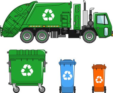 Çöp kamyonu ve dumpsters düz bir tarzda beyaz bir arka plan üzerinde farklı türde