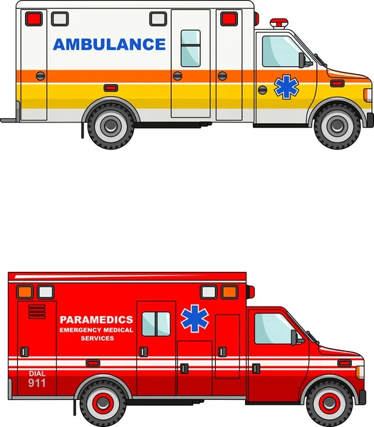 Coches de ambulancia aislados sobre fondo blanco en estilo plano — Vector de stock