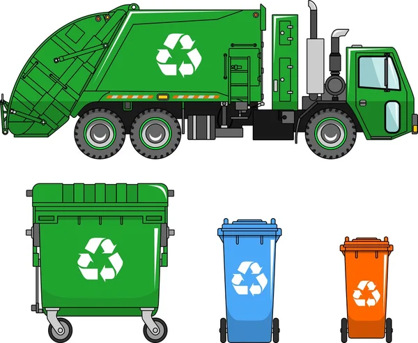 Camión de basura y diferentes tipos de contenedores sobre un fondo blanco en un estilo plano — Vector de stock