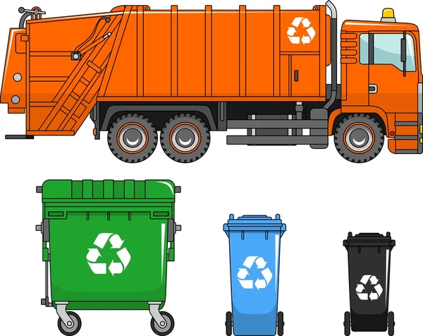 Camión de basura y diferentes tipos de contenedores sobre un fondo blanco en un estilo plano — Vector de stock