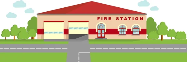 Concepto de estación de bomberos. Fondo panorámico con edificio de estación de bomberos en estilo plano . — Vector de stock