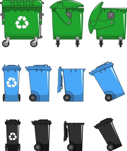 Aantal verschillende soorten afvalcontainers geïsoleerd op een witte achtergrond in vlakke stijl — Stockvector