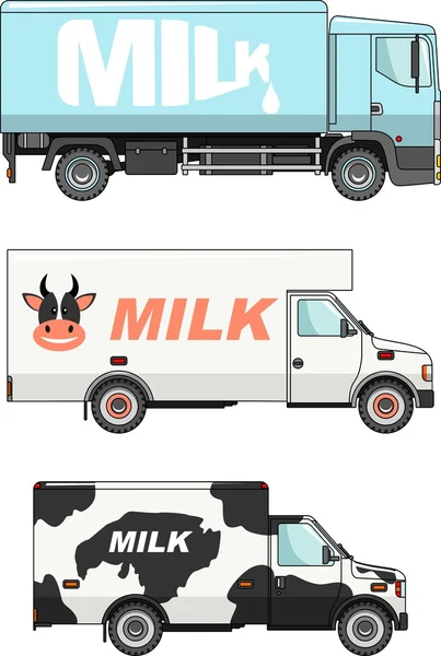 Set van melk auto's geïsoleerd op een witte achtergrond in een vlakke stijl. Vectorillustratie. — Stockvector