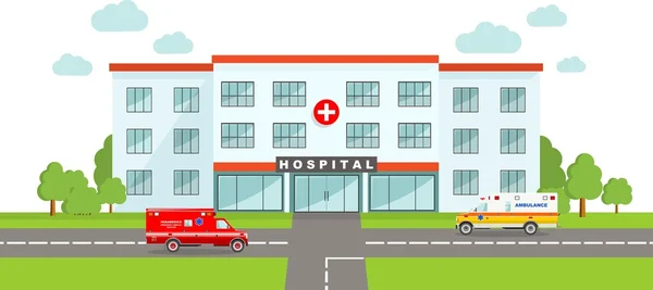 Tıbbi kavramı. Hastane Binası ve iki ambulans araba düz stilde panoramik arka plan.
