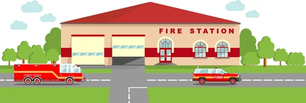 Concepto de emergencia estación de bomberos. Fondo panorámico con edificio de estación de bomberos y camión de bomberos en estilo plano . — Vector de stock