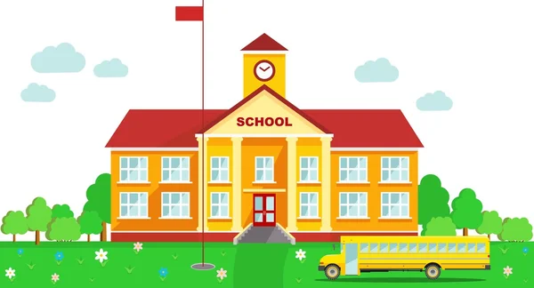 Panoramic background with school building and school bus in flat style — Stock Vector