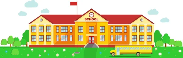 Sfondo panoramico con edificio scolastico e scuolabus in stile piatto — Vettoriale Stock