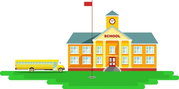 パノラマ背景に校舎、フラット スタイルの学校のバス — ストックベクタ