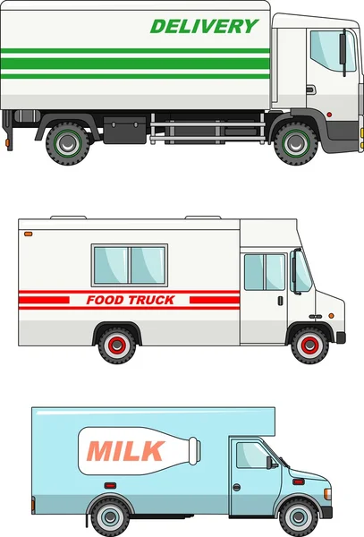 Ensemble de différentes voitures : camion alimentaire, voitures de livraison et de lait. Illustration vectorielle . — Image vectorielle