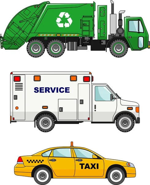 Conjunto de diferentes coches: camión de basura, coche taxi y máquina de servicio. Ilustración vectorial . — Vector de stock