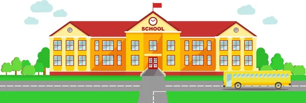 Panoramic background with school building and school bus in flat style — Stock Vector