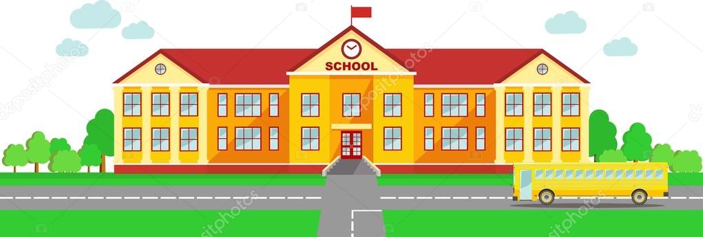 Panoramic background with school building and school bus in flat style