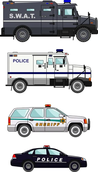 Conjunto de carros de polícia diferentes em fundo branco em estilo plano. Ilustração vetorial . — Vetor de Stock