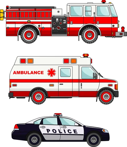 Camiones de bomberos, coches de policía y ambulancia aislados sobre fondo blanco en estilo plano — Vector de stock