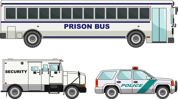 В'язничний автобус, охорона і поліцейські автомобілі ізольовані на білому тлі в плоскому стилі — стоковий вектор