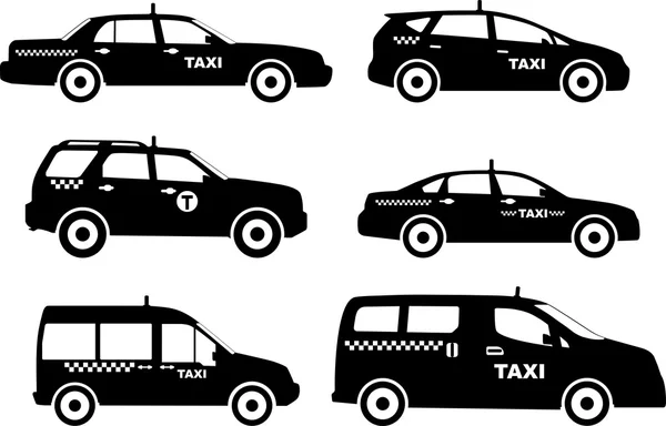 Uppsättning av olika silhuetter taxi bilar. Vektor illustration — Stock vektor