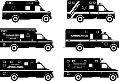 Set of different silhouettes ambulance cars. Vector illustration.