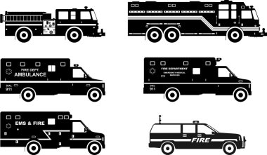Set of different silhouettes fire trucks and ambulance cars. Vector illustration.
