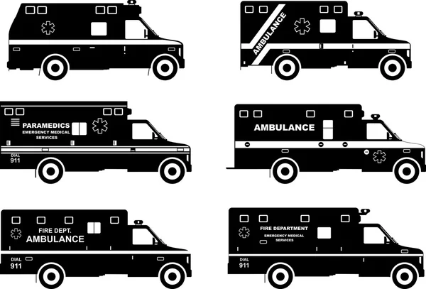 Набор различных силуэтов автомобилей скорой помощи. Векторная иллюстрация . — стоковый вектор