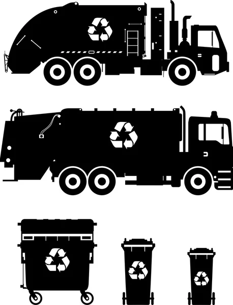 Farklı siluetleri çöp kamyonları ve dumpsters kümesi. Vektör çizim.