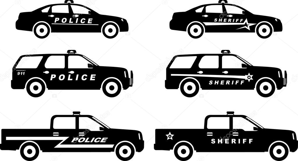 Set of different silhouettes police and sheriff cars. Vector illustration.