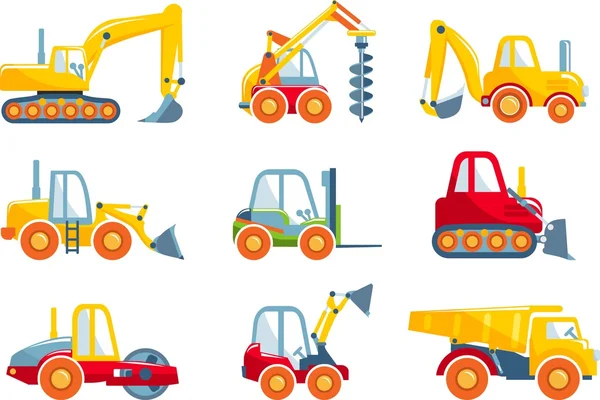 Set of toys heavy construction machines in a flat style. — Stock Vector