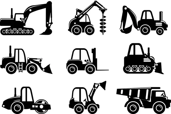 Set of silhouette toys heavy construction machines in a flat style. — Stock Vector