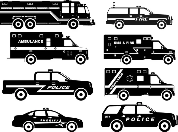 Farklı siluetleri yangın kamyon, polis ve ambulans araçları kümesi. Vektör çizim. — Stok Vektör
