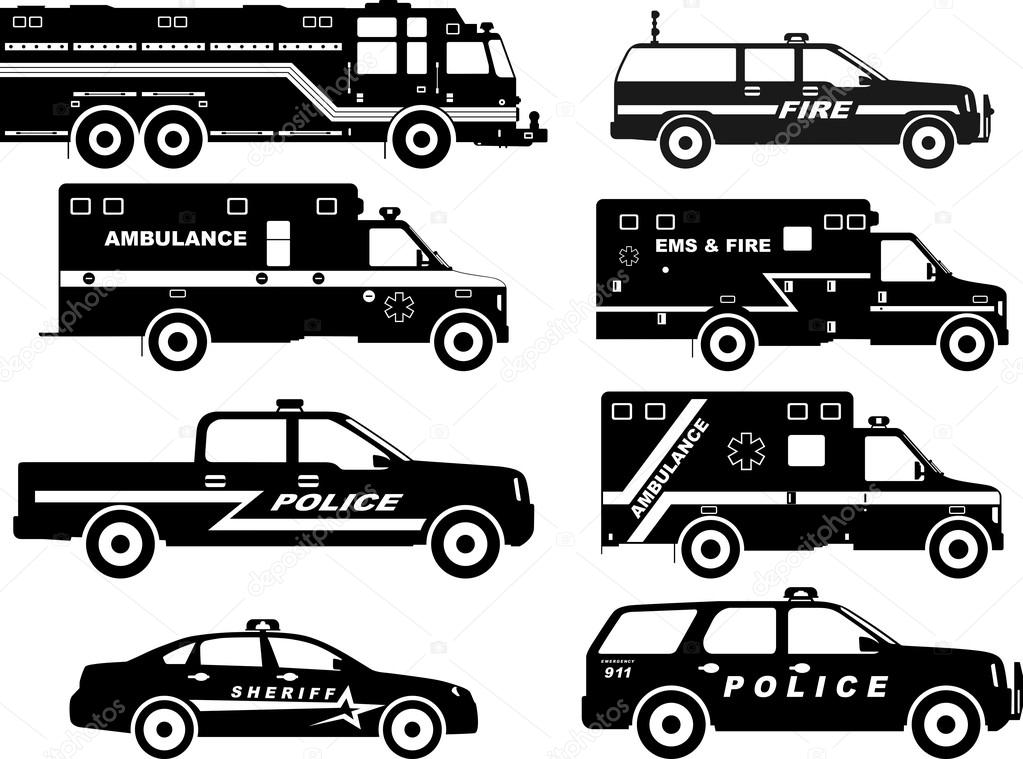 Set of different silhouettes fire truck, police and ambulance cars. Vector illustration.