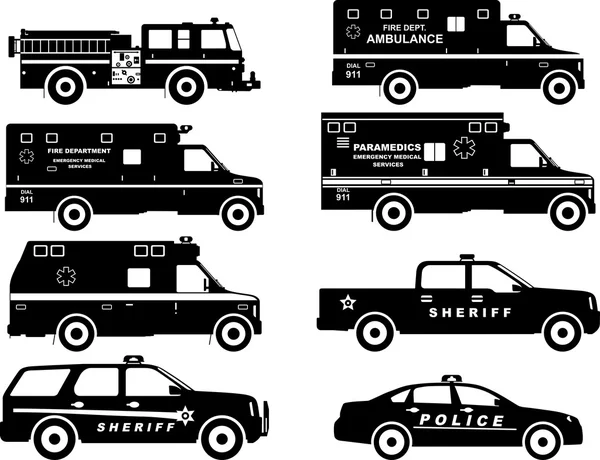 Conjunto de diferentes silhuetas caminhão de bombeiros, carros de polícia e ambulância. Ilustração vetorial . —  Vetores de Stock