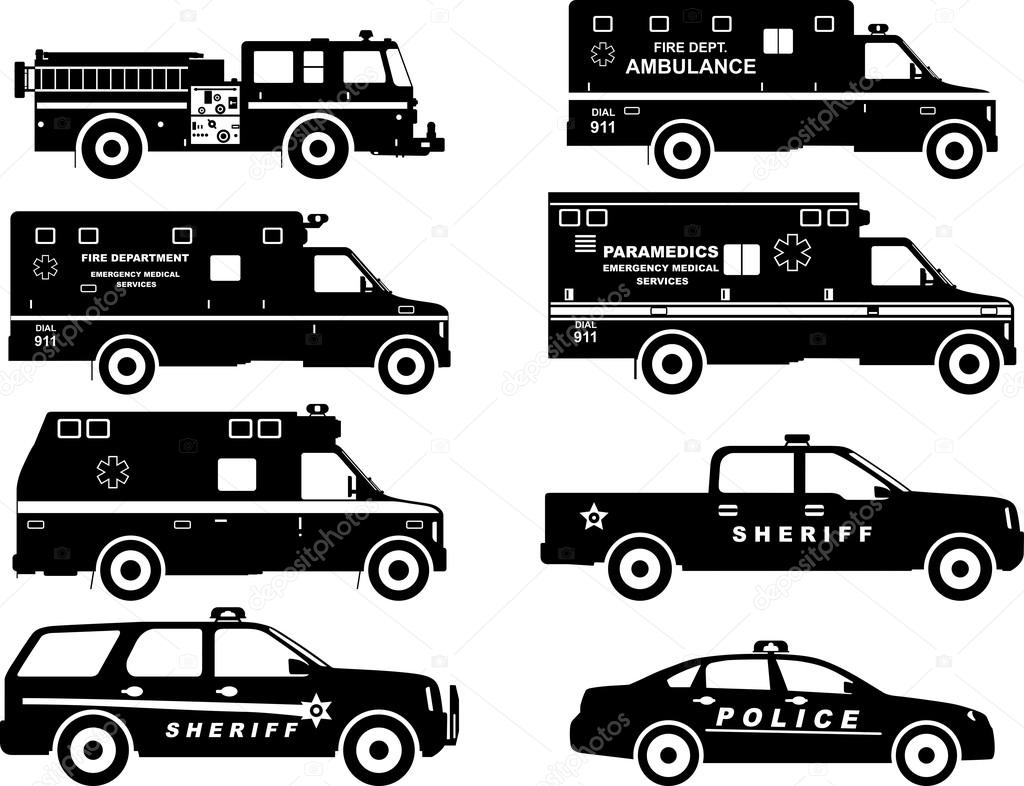 Set of different silhouettes fire truck, police and ambulance cars. Vector illustration.