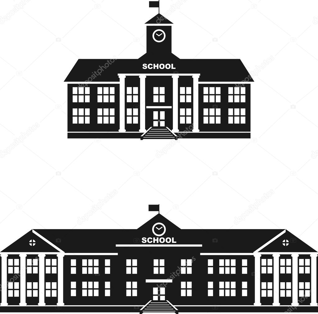 Set of silhouettes classical school building isolated on white background. Vector illustration.