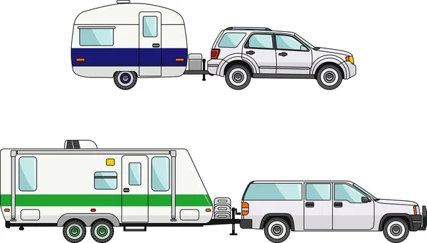 Conjunto de carros e trailers de viagem sobre um fundo branco em estilo plano. Ilustração vetorial . —  Vetores de Stock