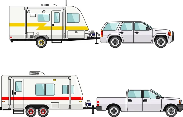 Ensemble de voitures et de remorques de voyage sur fond blanc dans un style plat. Illustration vectorielle . — Image vectorielle