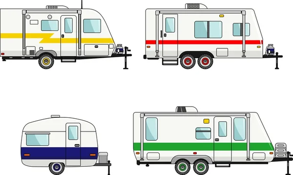Seyahat karavan karavanlar düz stil beyaz bir arka plan üzerinde kümesi. Vektör çizim.