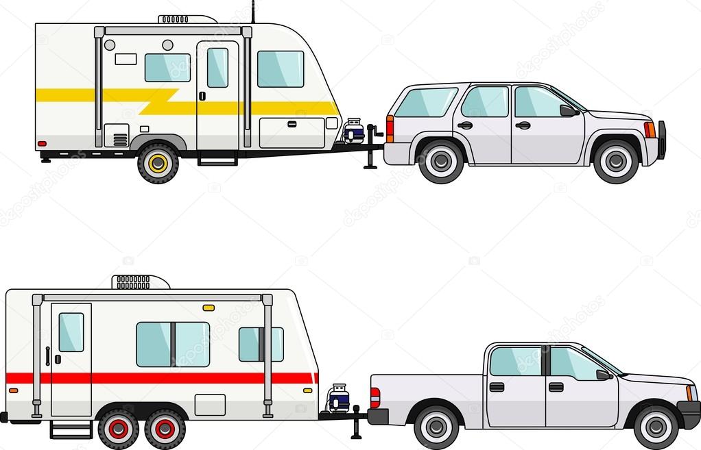 Set of car and travel trailers on a white background in flat style. Vector illustration.