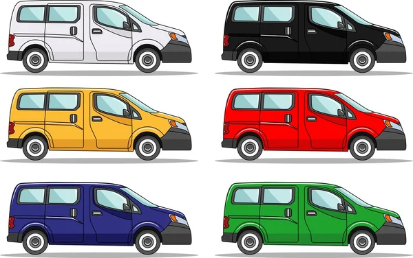 Conjunto de seis coches de colores aislados sobre fondo blanco en estilo plano — Vector de stock