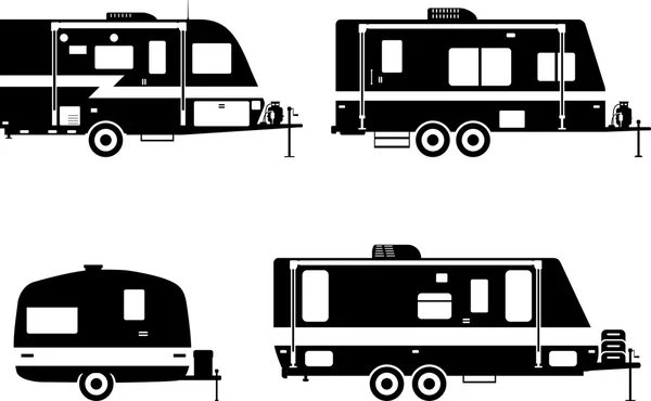 Conjunto de diferentes siluetas viajan caravanas remolque sobre un fondo blanco. Ilustración vectorial . — Vector de stock