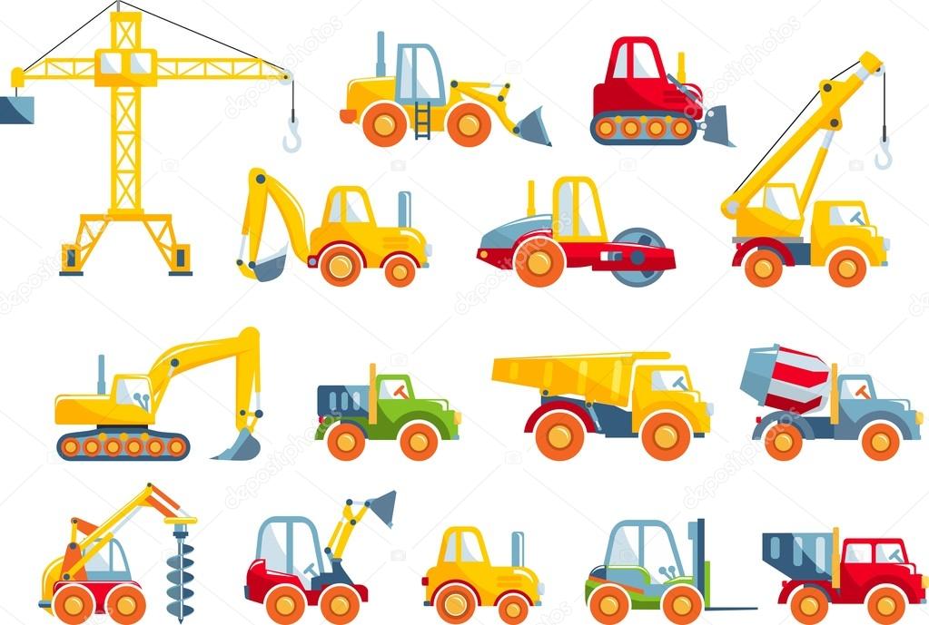 Set of toys heavy construction machines in a flat style.