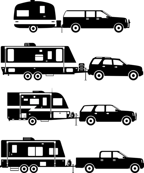 Beyaz bir arka plan üzerinde farklı siluetleri seyahat karavan karavanlar kümesi. Vektör çizim. — Stok Vektör