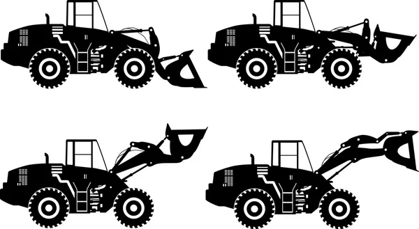 Set of silhouette wheel loaders isolated on white background. Heavy construction machines. Vector illustration — Stock Vector