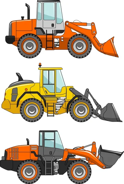 Conjunto de cargadoras de ruedas aisladas sobre fondo blanco en estilo plano. Máquinas de construcción pesada. Ilustración vectorial — Archivo Imágenes Vectoriales