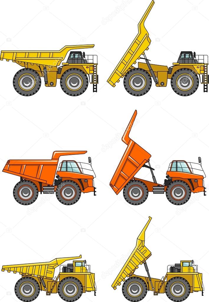 Set of off-highway trucks isolated on white background in flat style. Heavy mining trucks. Vector illustration.