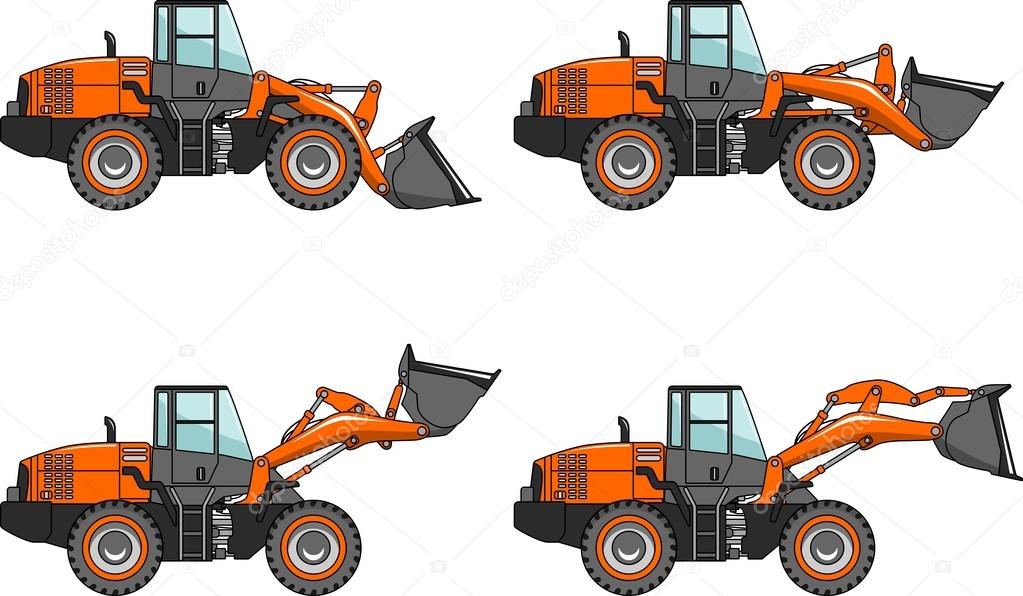 Set of wheel loaders isolated on white background in flat style. Heavy construction machines. Vector illustration