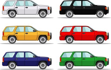 Altı renkli araba düz tarzında beyaz arka plan üzerinde izole kümesi