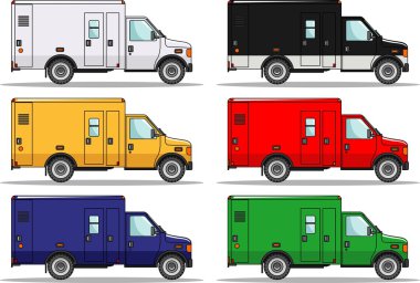 Altı renkli araba düz tarzında beyaz arka plan üzerinde izole kümesi