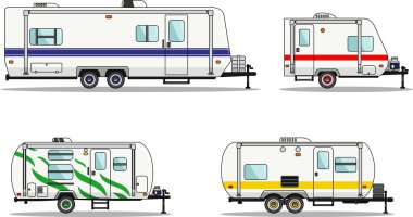 Seyahat karavan karavanlar düz stil beyaz bir arka plan üzerinde kümesi. Vektör çizim.