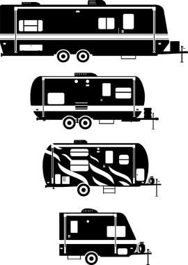 Beyaz bir arka plan üzerinde farklı siluetleri seyahat karavan karavanlar kümesi. Vektör çizim.