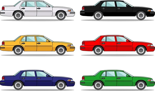 Conjunto de seis coches de colores aislados sobre fondo blanco en estilo plano — Vector de stock