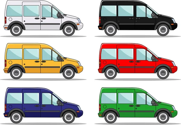 Set von sechs farbigen Autos isoliert auf weißem Hintergrund in flachem Stil — Stockvektor